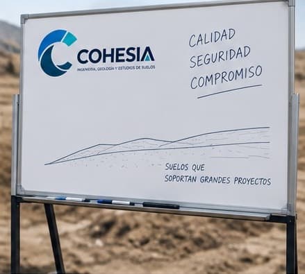 Pizarra en obra con el logo de COHESIA y las palabras calidad, seguridad y compromiso